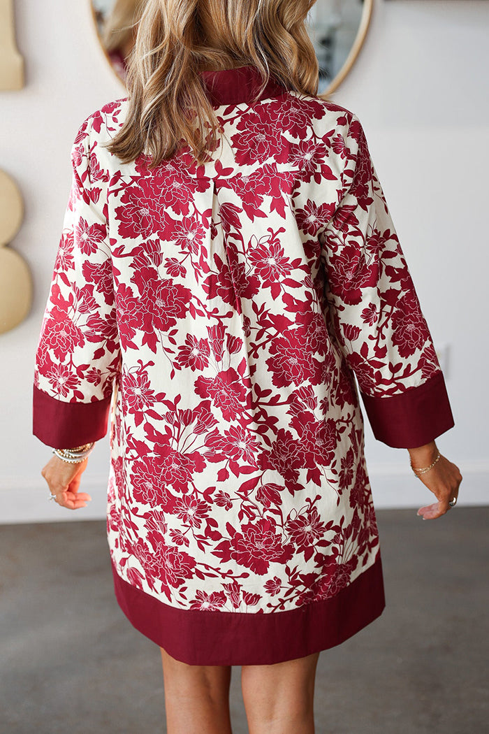V-Neck Floral Print Button Pockets Dress