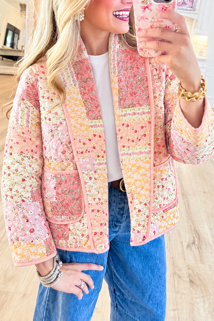 Multi Pink Open Front Patchwork Pocket Quilted Jacket