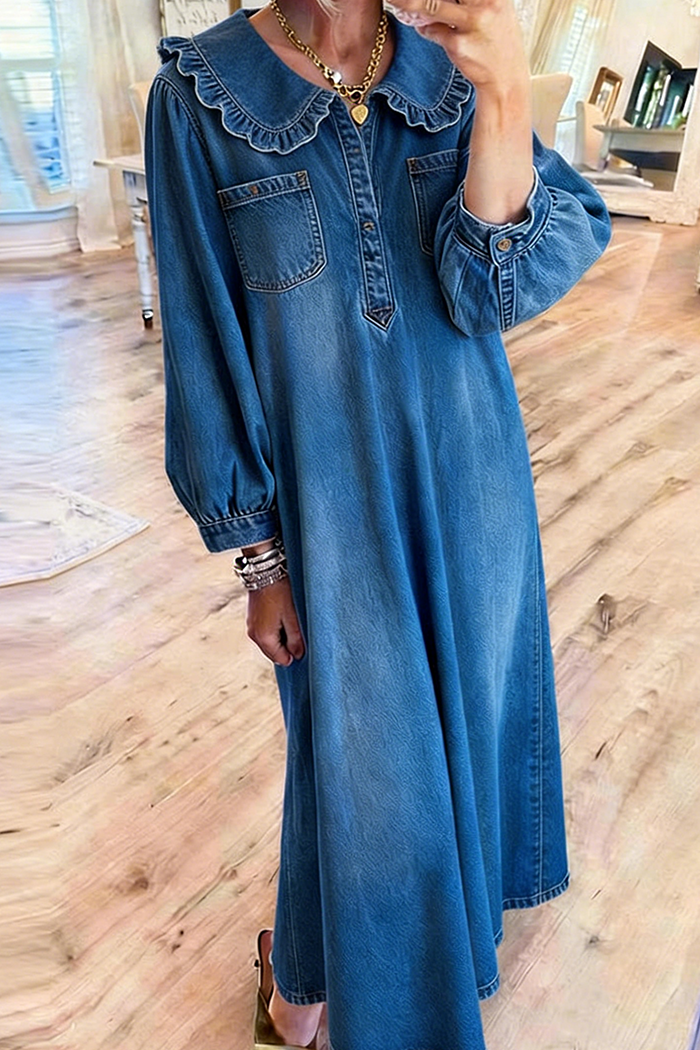 Ruffled Collar Pocket Denim Maxi Dress