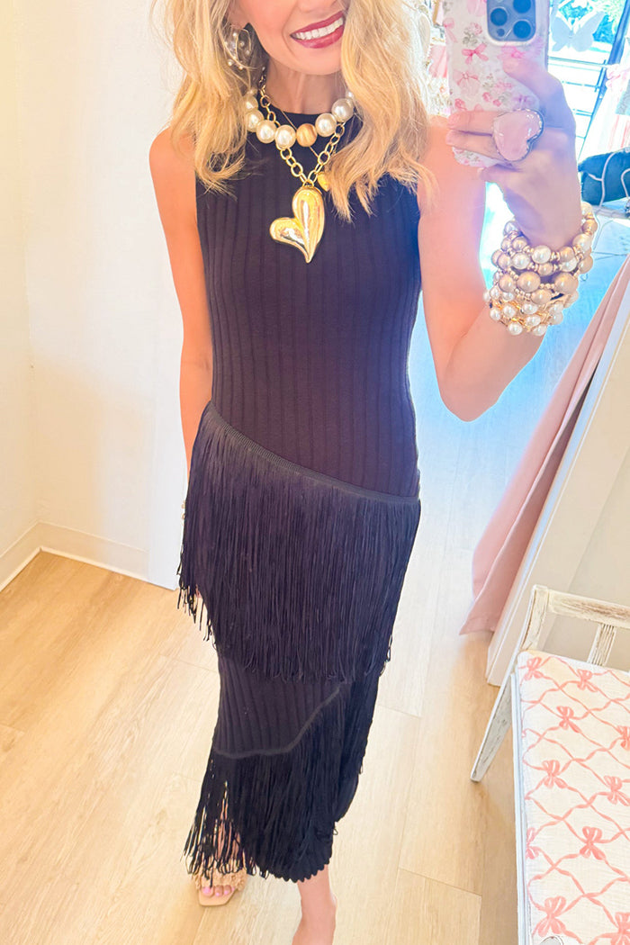 Black Sleeveless Round Neck Asymmetrical Fringe Maxi Dress