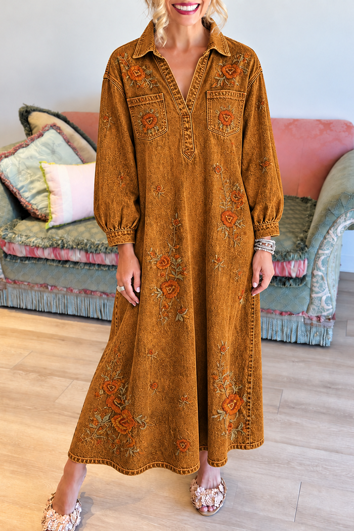 Caramel Floral Embroidery Collar Pockets Maxi Dress