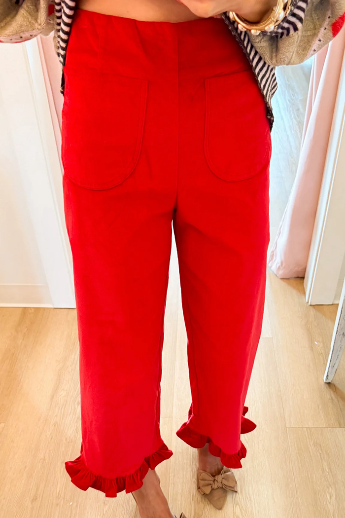 Red Velvet Ruffle Hem Pants