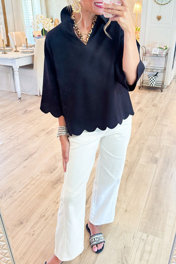 Casual Solid Color Scallop Hem Top