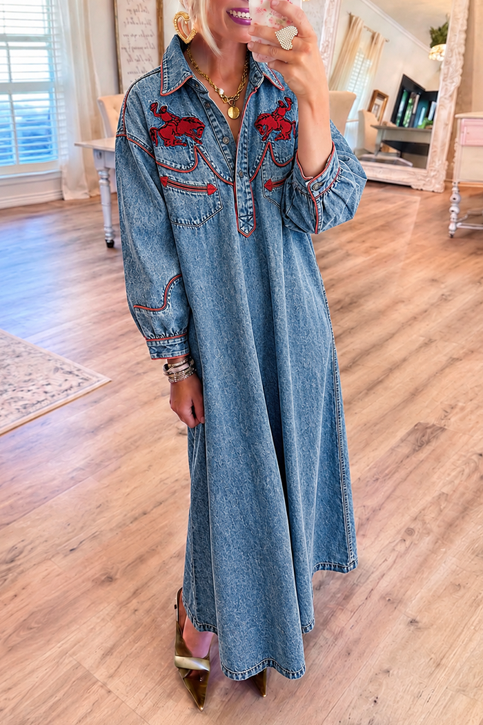 Light Blue Denim Red Cowboy Embroidery Pockets Maxi Dress