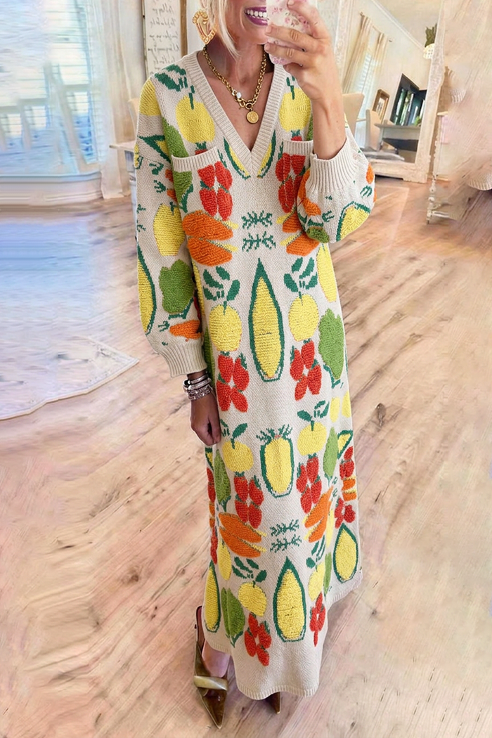 Cream Fruit Jacquard Pockets Long Sleeve Knit Maxi Dress