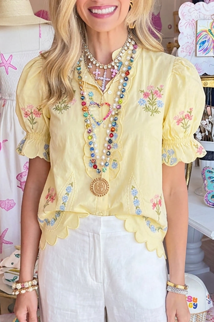 Puff Sleeve Floral Scallop Trim Top