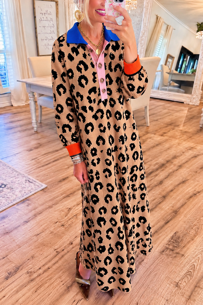 Leopard Knit Colorblock Collar Pocket Maxi Dress