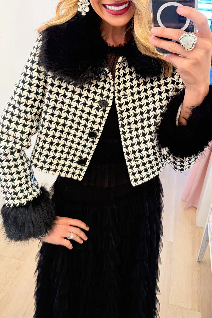 Black Houndstooth Faux Fur Trim Jacket