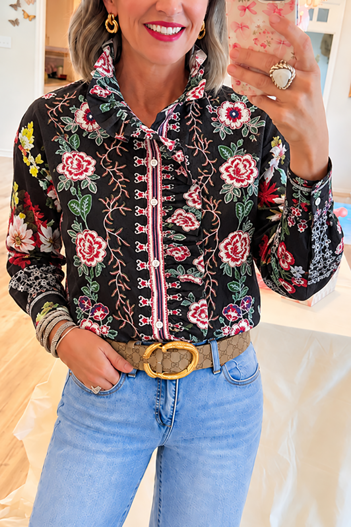 Ruffled Trim Floral Button-Up Top