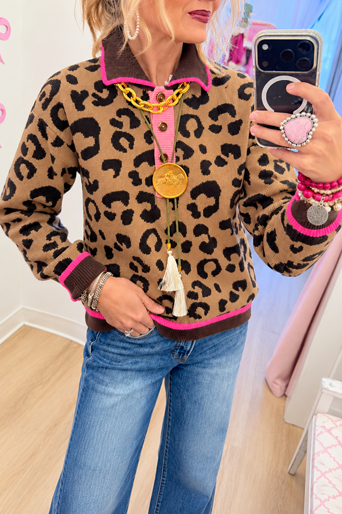 Leopard Color Block Collared Sweater