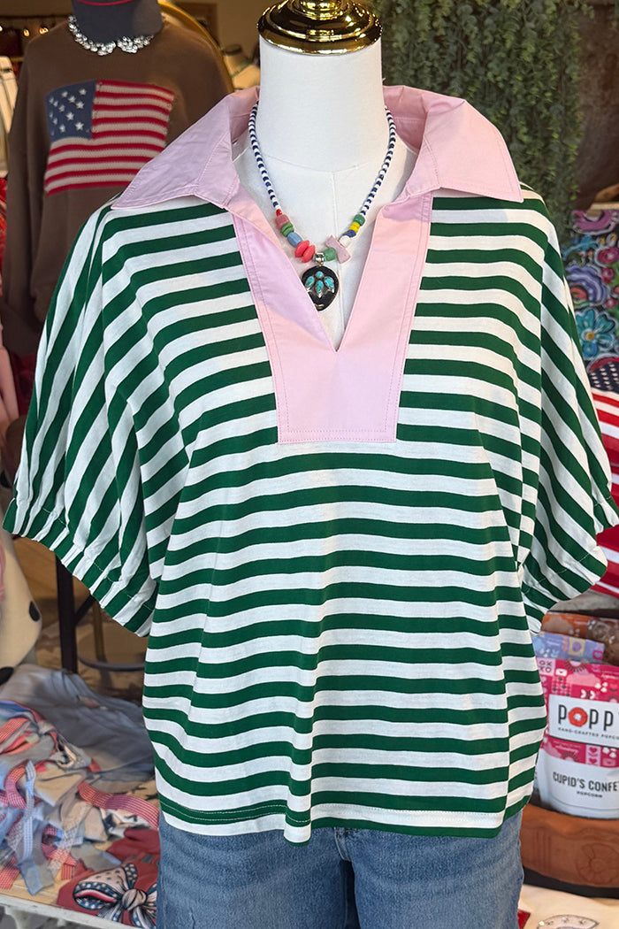 Casual Contrast Collar Striped Top
