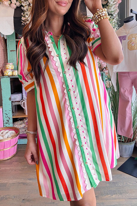Colorful Striped Button Pocket Dress