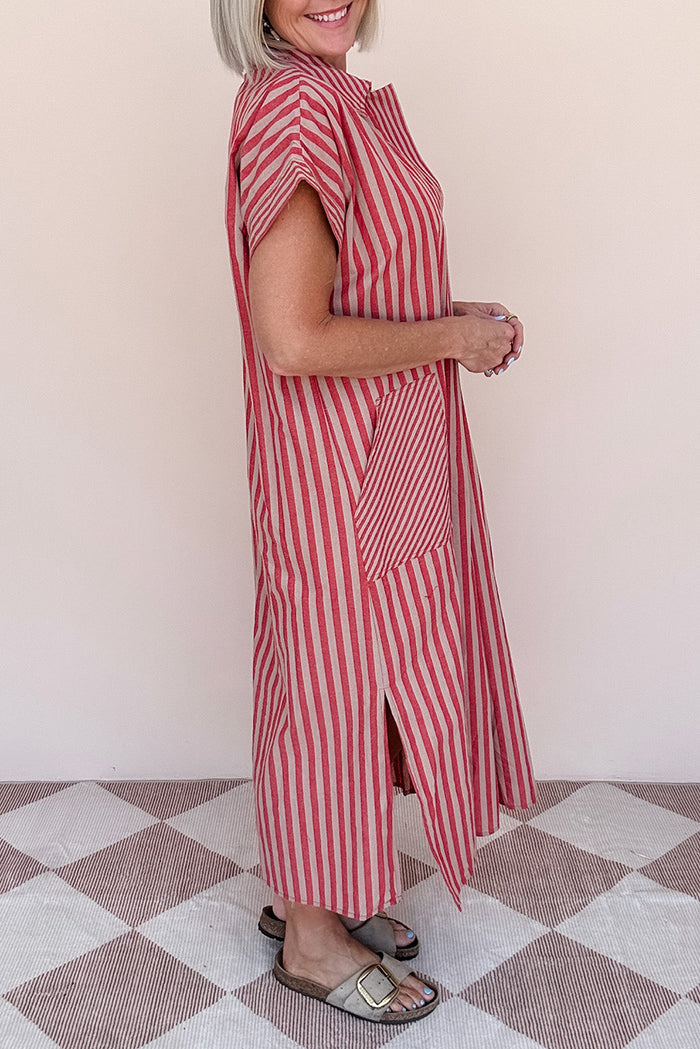Notched Collar Striped Kaftan Pocket Midi Dress