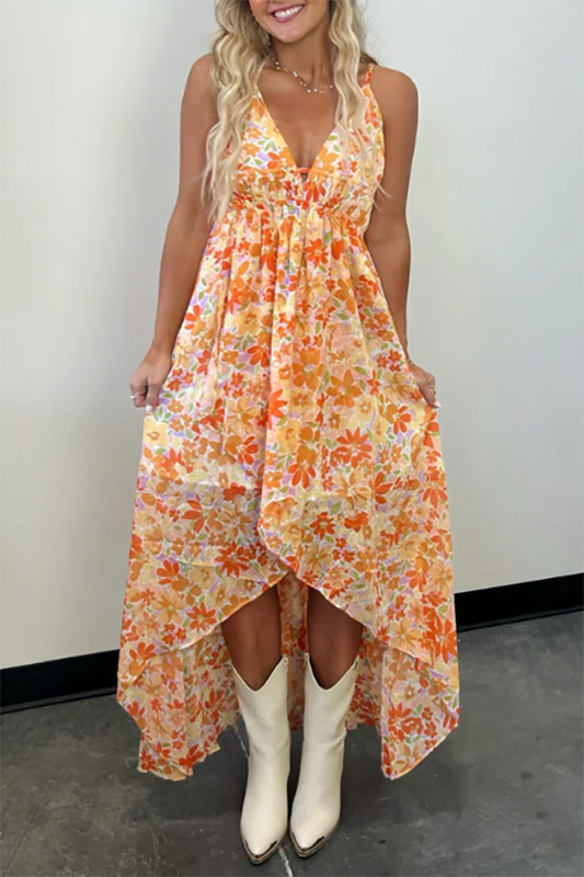V-Neck Irregular Floral Dress