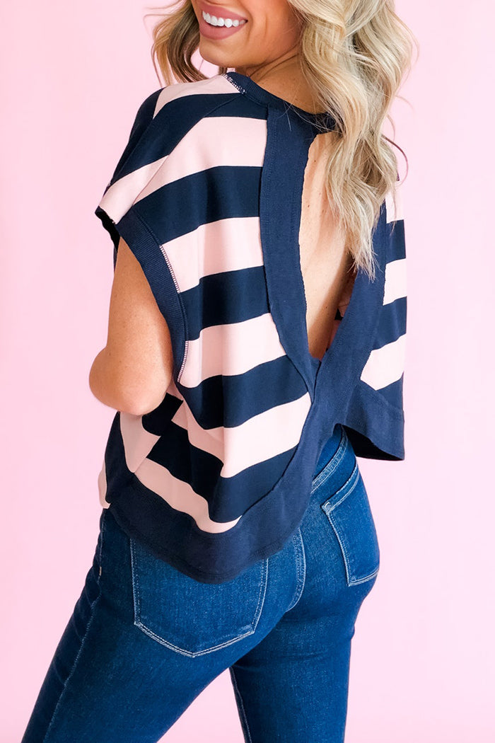 Casual Open Back Striped Top