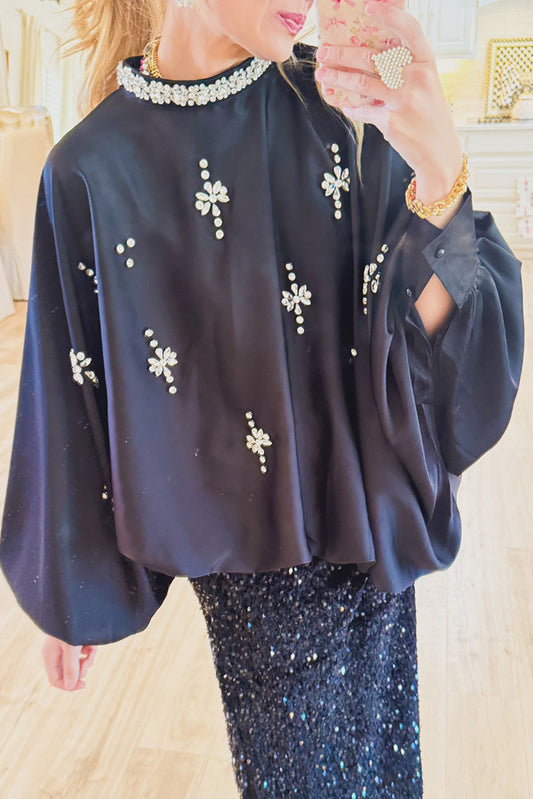 Black Embellished Applique High Neck Balloon Blouse