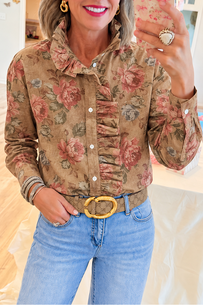 Brown Floral Ruffle Front Top