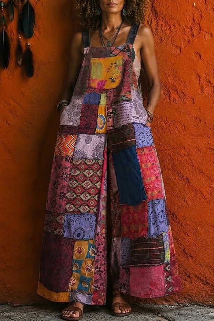 Boho Patchwork Print Wide Leg Overall Jumpsuit
