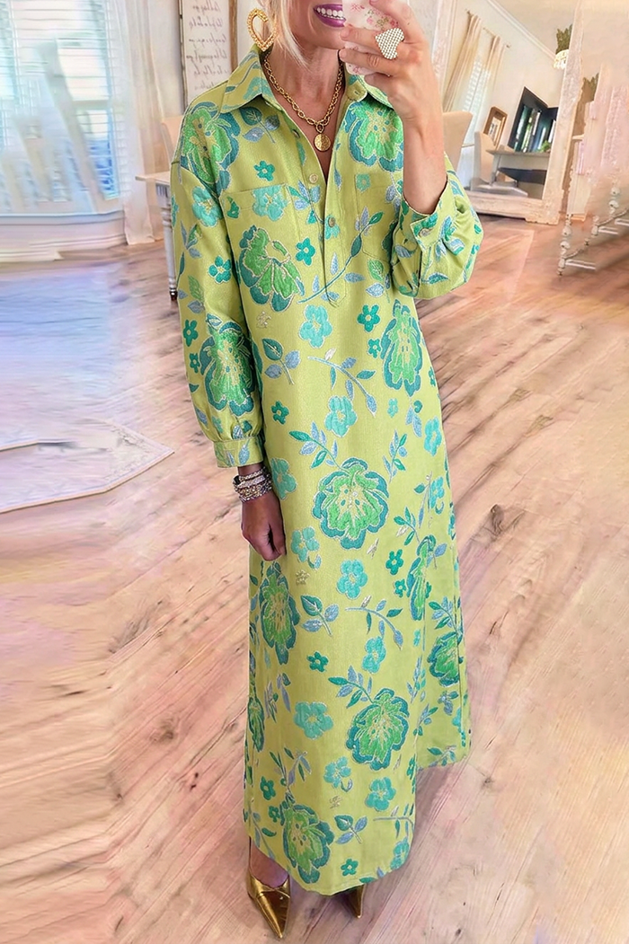 Floral Jacquard Collar Half‑Button Pockets Maxi Dress