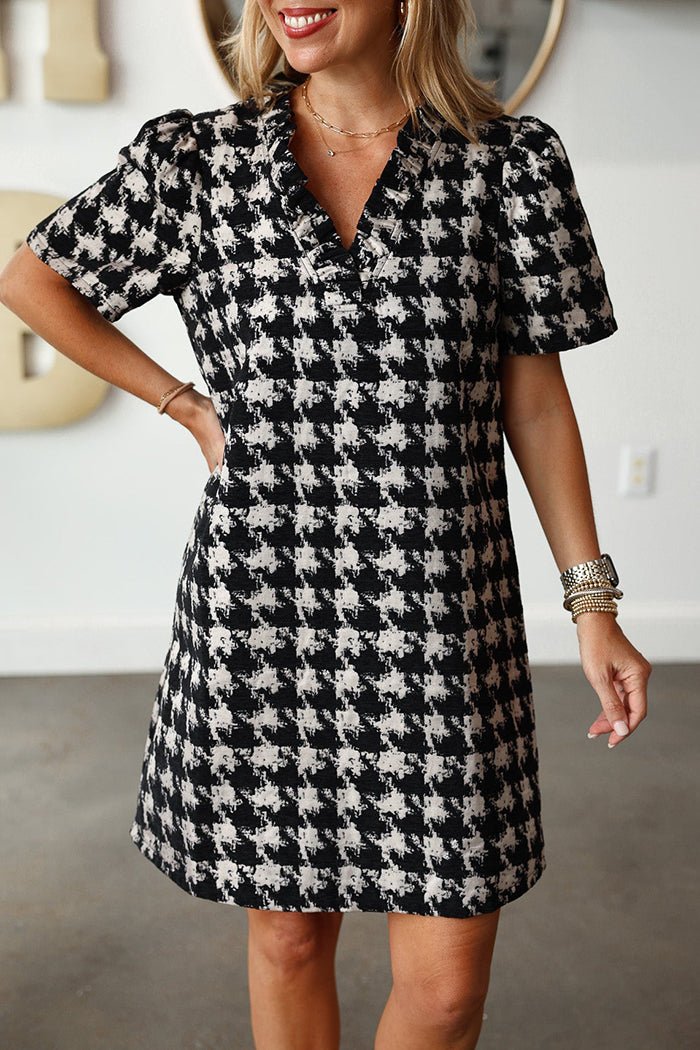 Houndstooth V Neck Puff Sleeve Dress