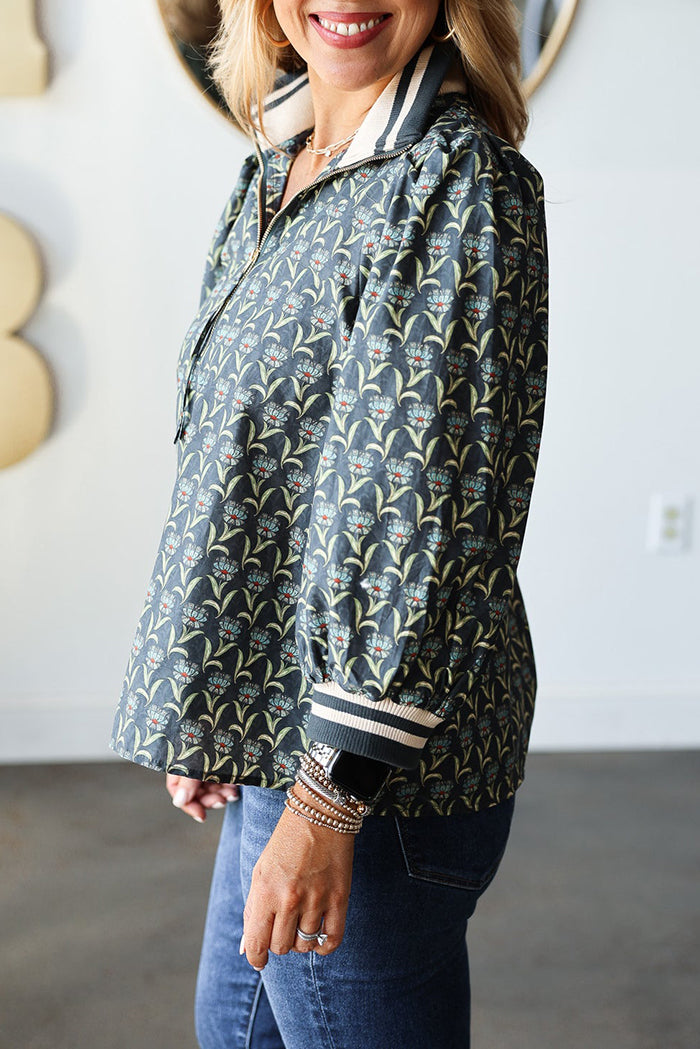 Printed Quarter Zip Contrast Top