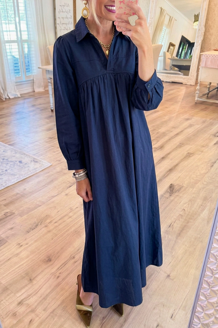 Collared Long Puff Sleeve Gathered Denim Maxi Dress