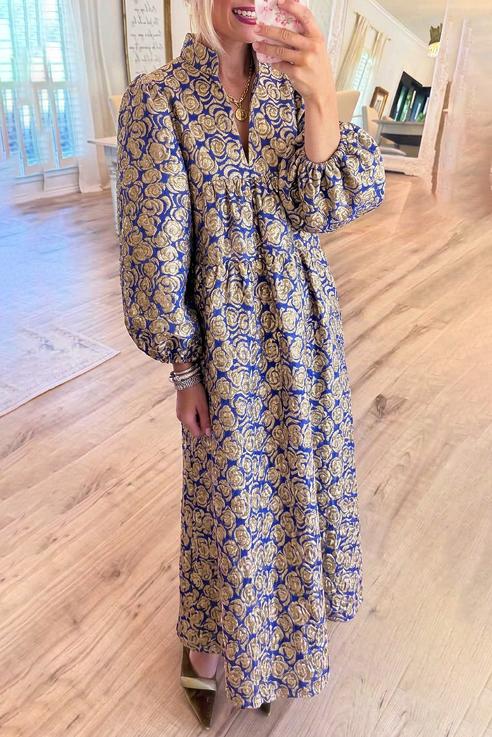 Rose Jacquard Stand Collar Balloon Sleeves Pockets Maxi Dress