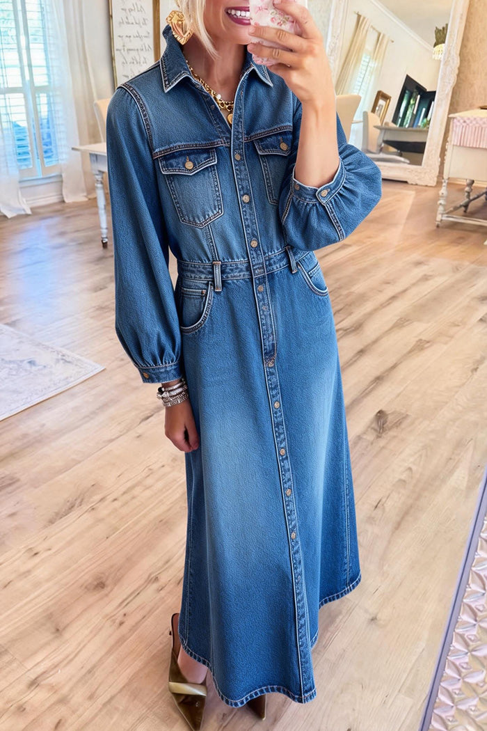 Button Front Pocket Denim Dress