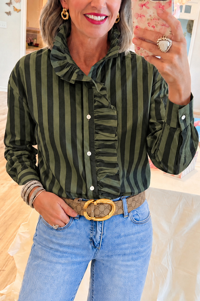 Green Striped Button-Down Ruffled Top