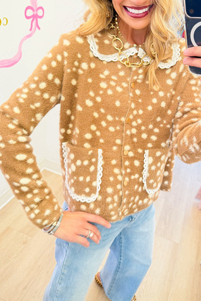 Deer Print Lace Trim Button Cardigan