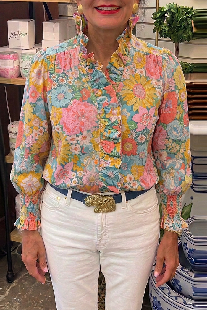 Casual Floral Print Ruffles Top