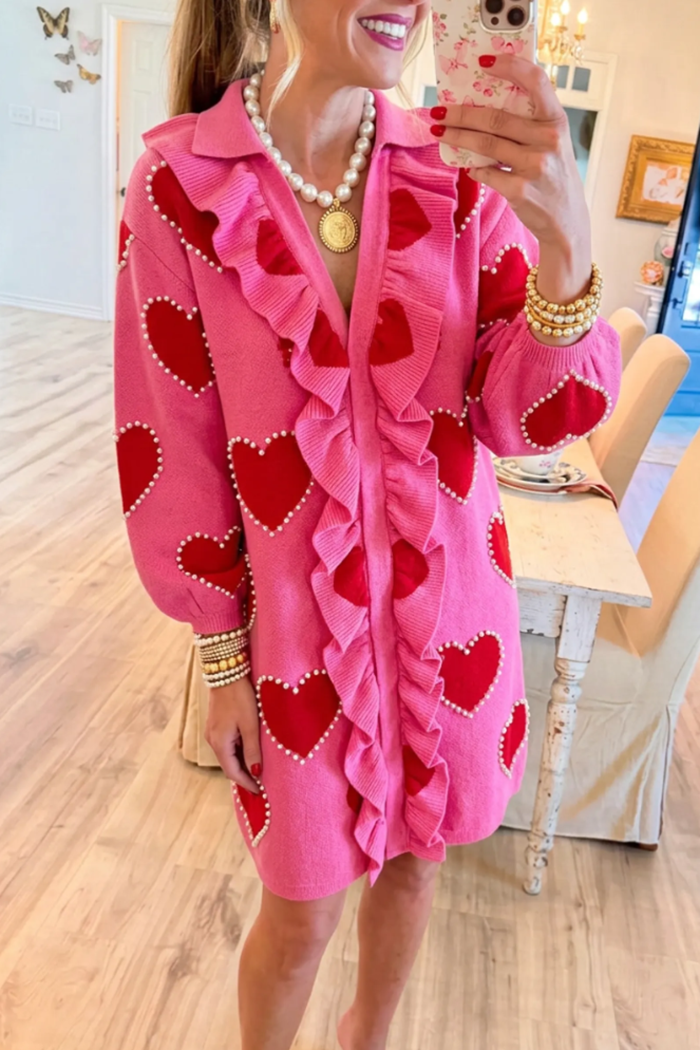 Bright Pink Knit Ruffle Placket Button Heart Jacquard Pearl Trim Dress