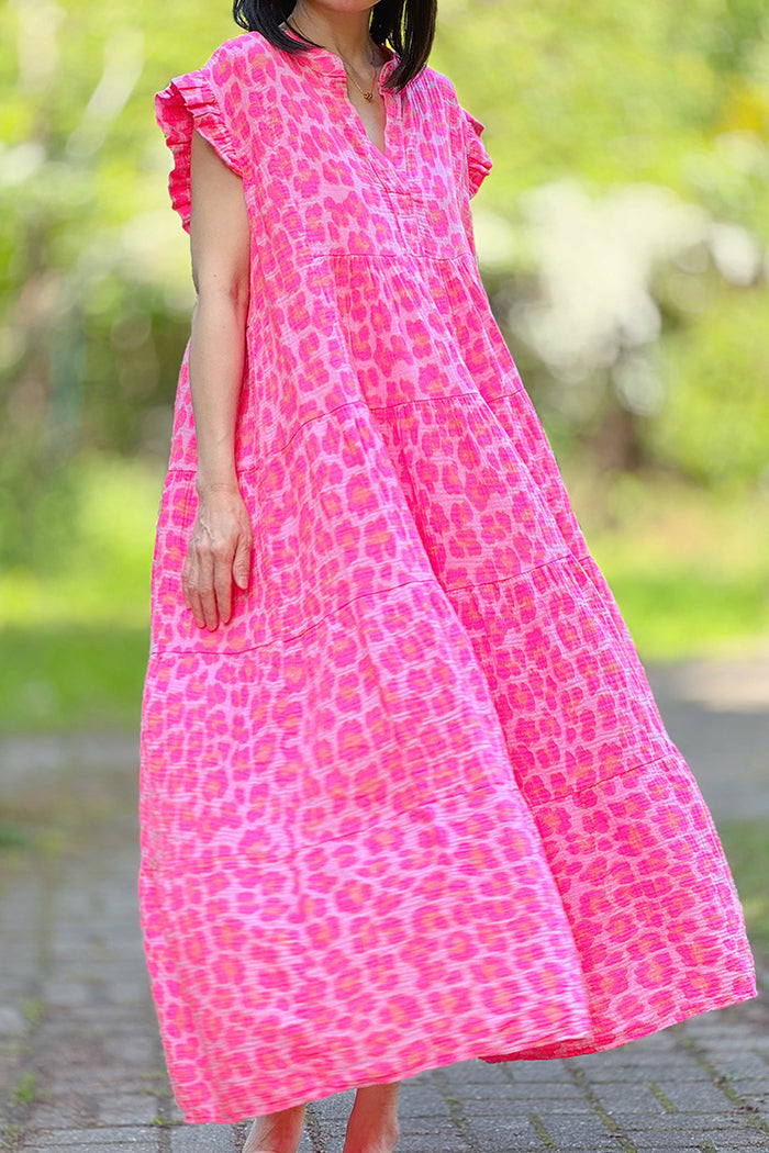 Ruffle Sleeve Leopard Print Maxi Dress