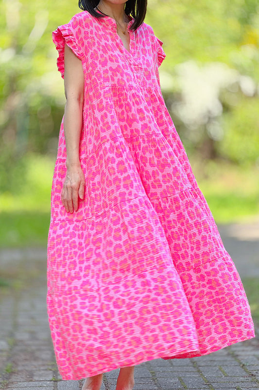 Ruffle Sleeve Leopard Print Maxi Dress