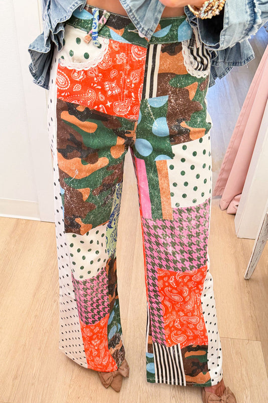 Multi Patch Printed Wide Leg Pants