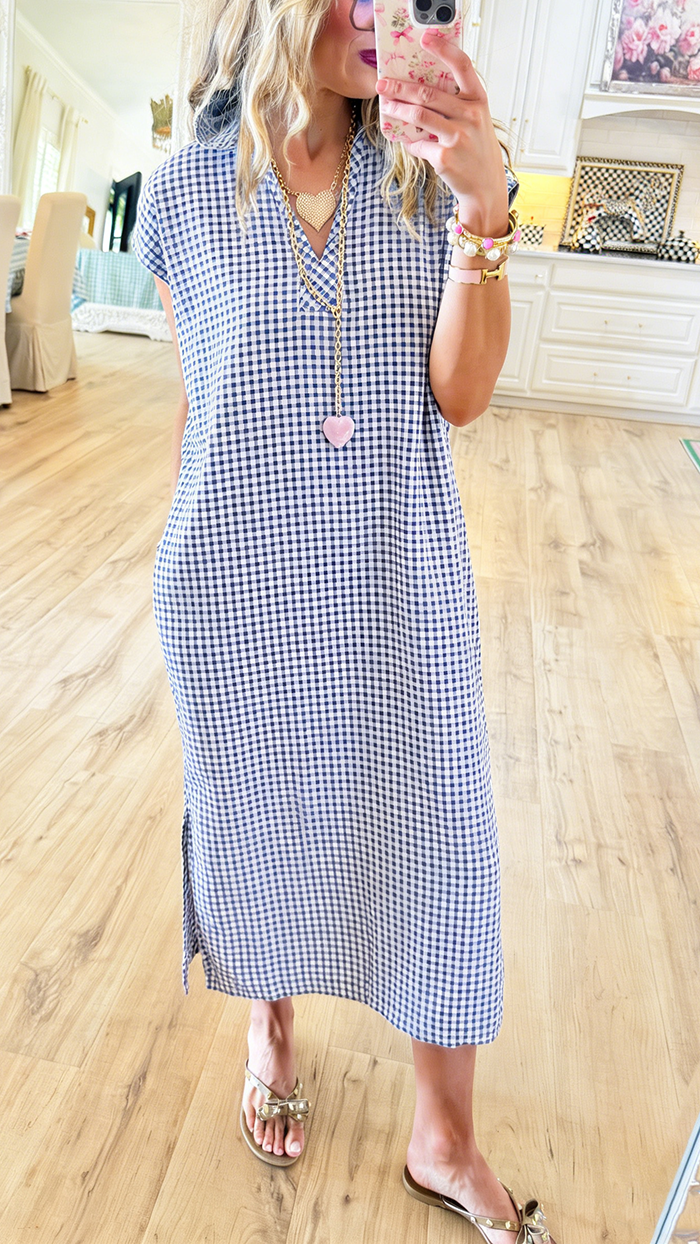 Gingham Short Sleeves Pockets Dress