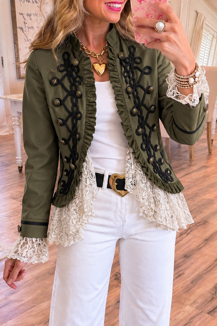Olive Ruffle Frog Button Lace Jacket