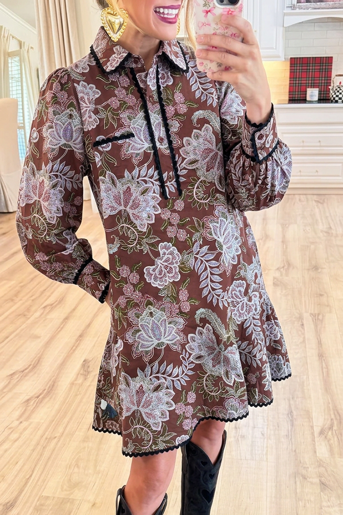 Collared Brown Floral Lace Trim Pocket Dress