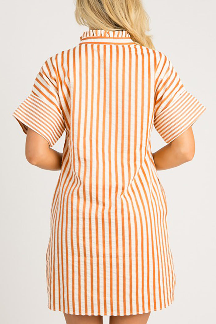 Striped Cuffed Sleeves Pocket Dress
