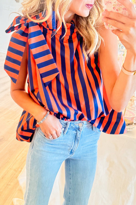 Navy Orange Stripe Ruffle Tie Neck Sleeveless Top