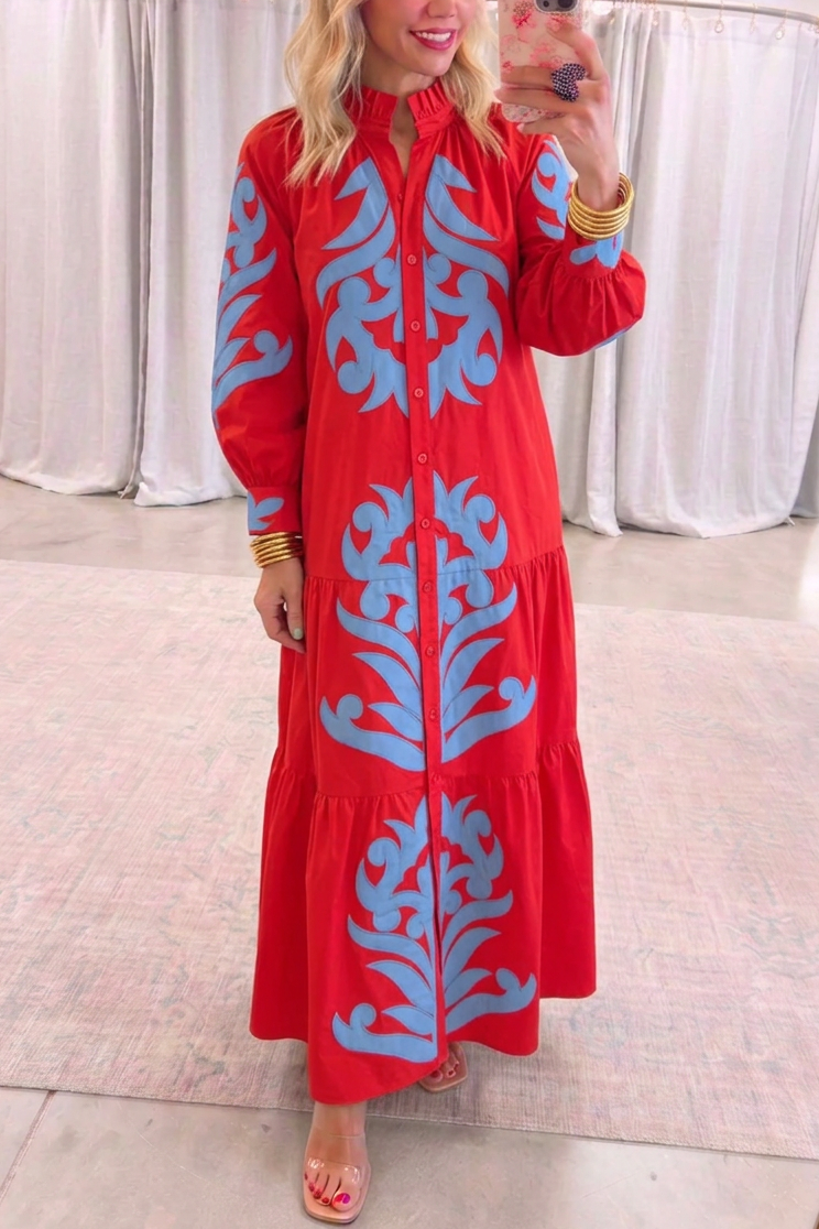 Ruffled Collar Button-Front Embroidery Maxi Dress