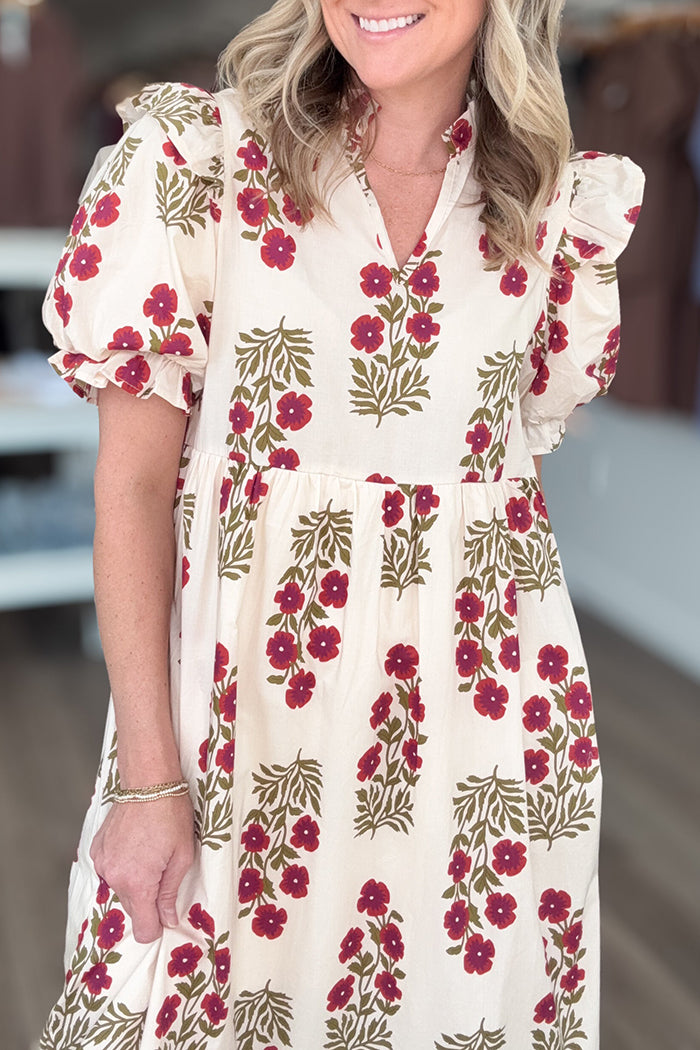 Vintage Puff-Sleeve Floral  Maxi Dress