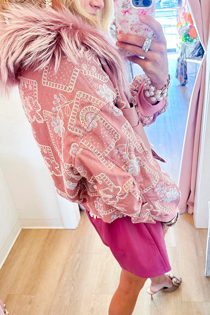 Dusty Pink Sequin Detail Fur Collar Zip Front Pocket Jacket