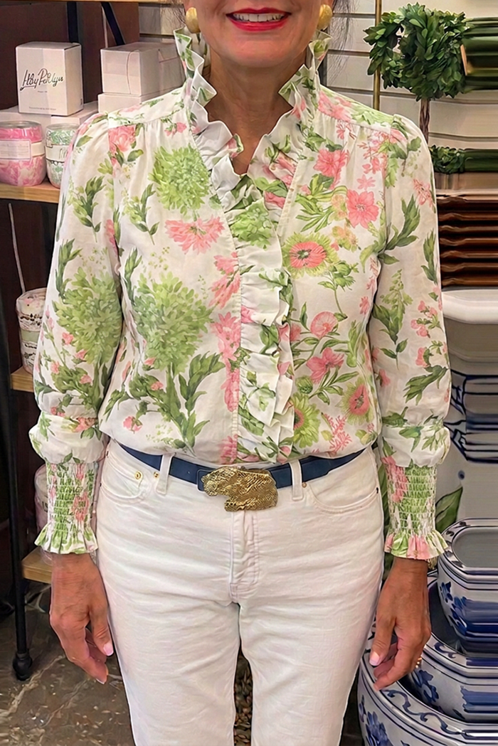 Casual Floral Print Ruffles Top
