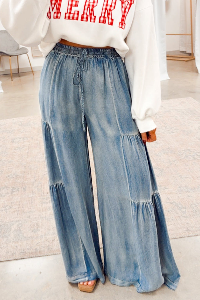 Ruffled Wide Leg Denim Pants