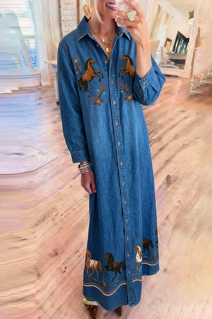 Denim Collared Long Sleeve Horse Embroidery Maxi Dress
