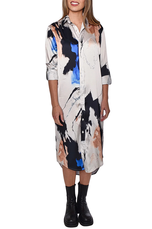 Abstract Print Shirt Collar Midi Dress