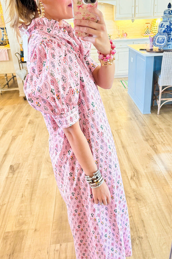 Floral Ruffle Neck Puff Sleeve Midi Dress