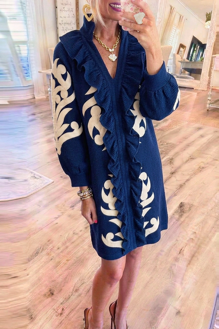 Knit Embroidery Ruffle Front Puff Sleeves Dress