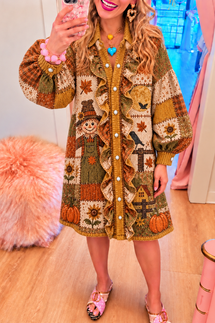 Multi Fall Scarecrow Ruffled Front Placket Dress